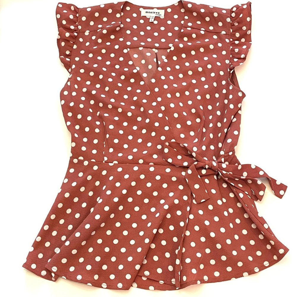 dark salmon pink brown polka dot faux wrap top peplum bottom M L